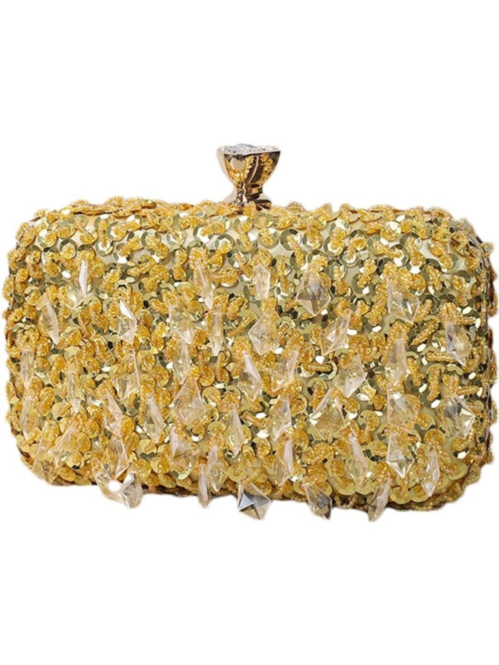 Womens Gold Sequin Iridescent Beaded Box Clutch Gold Lock Evening Bag